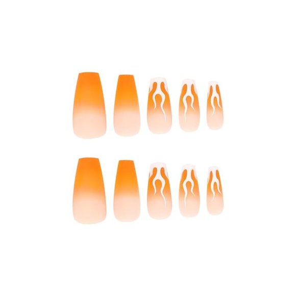 Coffin Press on Nails Orange Flame Design Matte - Picture 2 of 5